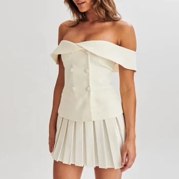 OUDINA Ready to Ship Women's Clothing Off-shoulder Double-breasted Top Pleated Skirt Suit Set Women's 2 Piece Skirt Sets - Image 4