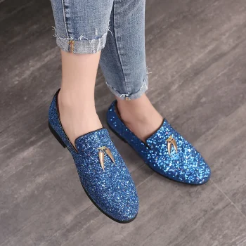 Leisure Casual Tassels Loafers Glitters Shining Slip on Fashion Designers Point Toe Men's Casual Dress Shoes - Image 4