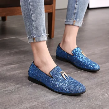 Leisure Casual Tassels Loafers Glitters Shining Slip on Fashion Designers Point Toe Men's Casual Dress Shoes - Image 3