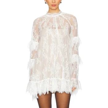 hirigin Women Lace Sheer Dress Sexy See Through Mesh Long Sleeve High Neck Floral Cover Up Cocktail Party Mini Dresses - Image 2