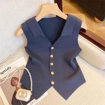 1pcs Vest French Temperament V-neck Single Breasted Sleeveless Slim Knitted Vest For Women - Image 16