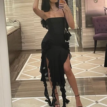 2024 Summer Maxi Women's Dress Vintage Elegant black Fashion Sleeveless Slim Backless Irregular Tassel Party Dresses Street Robe - Image 4
