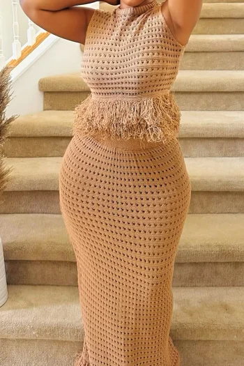 Plus Size Beach Khaki Sundress Round Neck Cut Out Two Piece Skirt Sets - Image 2