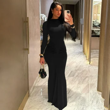 Sexy Wrap Buttocks Dresses Women O Neck Dress Long Sleeve Sheath Slim Fit Solid Spliced Pullover Folds Floor Length 2025 - Image 4