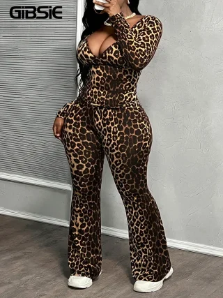 GIBSIE Plus Size Women's Clothing Set Leopard Print Deep V-Neck Long Sleeve Slim Top And Flared Pants Sexy Club 2 Piece Sets