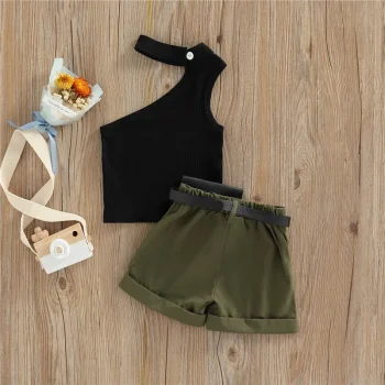 1-5 Years Infant Girl Casual Set Tanks Tops + Shorts + Waist Bag Pockets Decoration Casual Style Girls Summer Clothing Set - Image 3