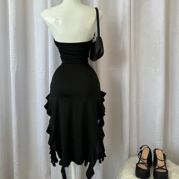 2024 Summer Maxi Women's Dress Vintage Elegant black Fashion Sleeveless Slim Backless Irregular Tassel Party Dresses Street Robe - Image 6
