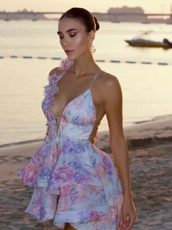 2025 Women Trendy Printed Party Dresses Elegant Flare Sleeve  V Neck Pleated High Waist Vestidos Fashion Lady Chic Evening Gowns - Image 7