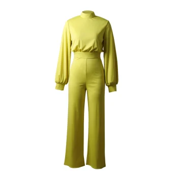 Wide Leg Pant Jumpsuit Women Fashion Stand Neck Lantern Sleeve Rompers Autumn Winter Casual High Waist Jumpsuits Black - Image 4