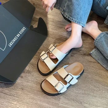 Women's Retro Thick-Soled Double-Buckle Strap Boken Flip-Flops Summer 2025 Simple External W Slippers - Image 2
