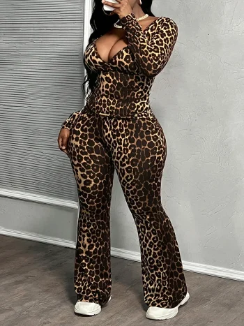 GIBSIE Plus Size Women's Clothing Set Leopard Print Deep V-Neck Long Sleeve Slim Top And Flared Pants Sexy Club 2 Piece Sets - Image 6