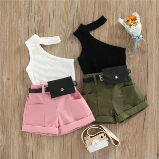 1-5 Years Infant Girl Casual Set Tanks Tops + Shorts + Waist Bag Pockets Decoration Casual Style Girls Summer Clothing Set