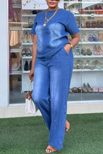 Plus Size Vacation Blue Casual Round Neck Short Sleeve Pocket Tencel Denim Two Piece Pant Sets - Image 2