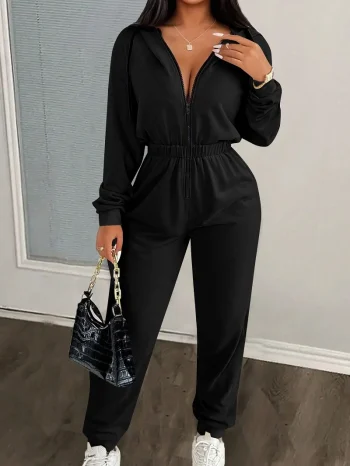 Casual Sports Style Jumpsuit Autumn New Hooded Zipper High Waist Long Sleeve Solid Color Jumpsuits Fashion Warm Women Clothing - Image 6