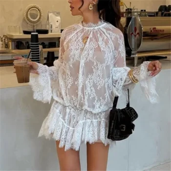 hirigin Women Lace Sheer Dress Sexy See Through Mesh Long Sleeve High Neck Floral Cover Up Cocktail Party Mini Dresses