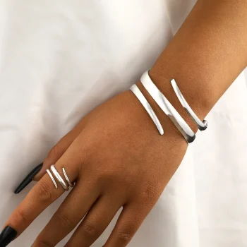 Stainless Steel Water Drop Bangle Ring Set for Women Luxury Geometric Teardrop Open WristCuff Irregular Twisted Bracelet Jewelry - Image 2