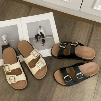Women's Retro Thick-Soled Double-Buckle Strap Boken Flip-Flops Summer 2025 Simple External W Slippers - Image 3