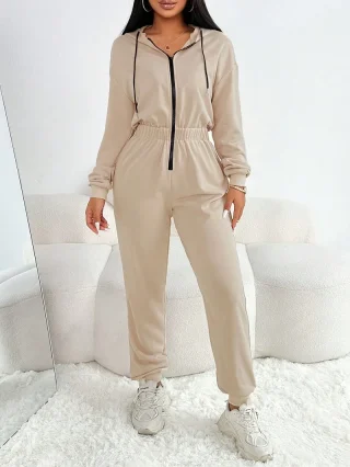 Casual Sports Style Jumpsuit Autumn New Hooded Zipper High Waist Long Sleeve Solid Color Jumpsuits Fashion Warm Women Clothing