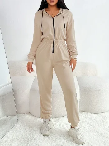 Casual Sports Style Jumpsuit Autumn New Hooded Zipper High Waist Long Sleeve Solid Color Jumpsuits Fashion Warm Women Clothing