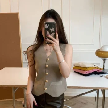 1pcs Vest French Temperament V-neck Single Breasted Sleeveless Slim Knitted Vest For Women - Image 7