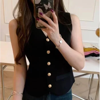 1pcs Vest French Temperament V-neck Single Breasted Sleeveless Slim Knitted Vest For Women - Image 8