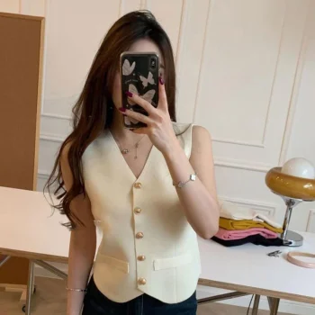 1pcs Vest French Temperament V-neck Single Breasted Sleeveless Slim Knitted Vest For Women - Image 14