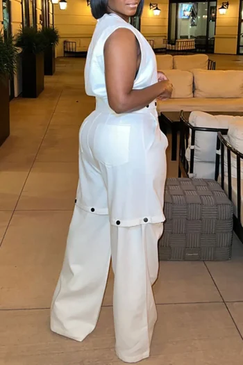 Plus Size Casual Pant Set White Round Neck Detachable Two Piece Pant Set With Pocket - Image 6
