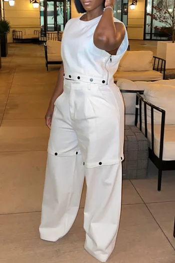 Plus Size Casual Pant Set White Round Neck Detachable Two Piece Pant Set With Pocket - Image 4