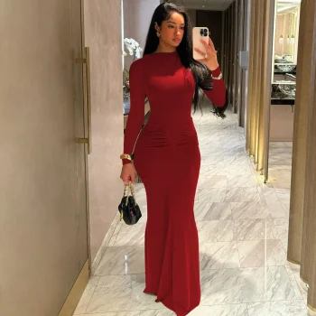 Sexy Wrap Buttocks Dresses Women O Neck Dress Long Sleeve Sheath Slim Fit Solid Spliced Pullover Folds Floor Length 2025