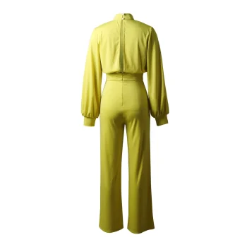 Wide Leg Pant Jumpsuit Women Fashion Stand Neck Lantern Sleeve Rompers Autumn Winter Casual High Waist Jumpsuits Black - Image 5