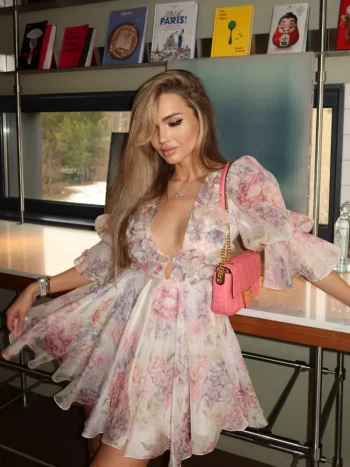 2025 Women Trendy Printed Party Dresses Elegant Flare Sleeve  V Neck Pleated High Waist Vestidos Fashion Lady Chic Evening Gowns - Image 4