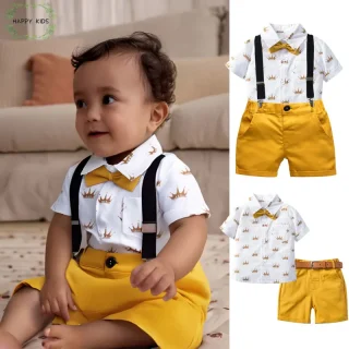 Kids Boys Clothes Sets Gentleman Suit Short Sleeve Shirt Bowtie+Shoulder Strap+Shorts Pants Baby Children Formal School Outfits