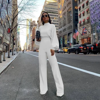 Wide Leg Pant Jumpsuit Women Fashion Stand Neck Lantern Sleeve Rompers Autumn Winter Casual High Waist Jumpsuits Black - Image 9
