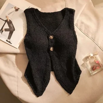 1pcs Vest French Temperament V-neck Single Breasted Sleeveless Slim Knitted Vest For Women - Image 10