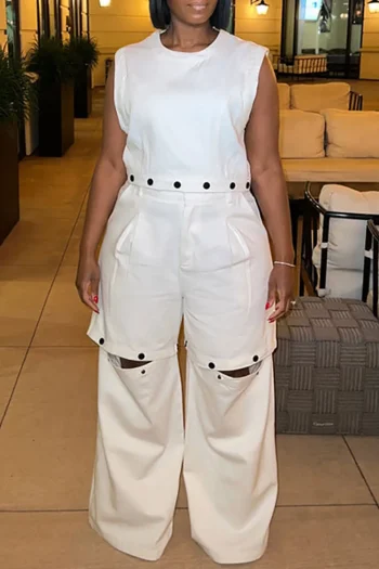 Plus Size Casual Pant Set White Round Neck Detachable Two Piece Pant Set With Pocket - Image 5