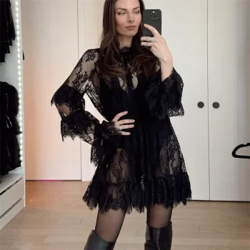hirigin Women Lace Sheer Dress Sexy See Through Mesh Long Sleeve High Neck Floral Cover Up Cocktail Party Mini Dresses - Image 4