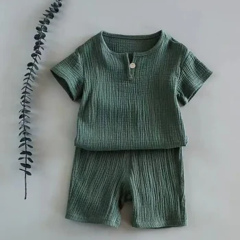 Summer Children's Clothing Set for 0-7Y Boys & Girls Cotton Linen Muslin Suit T-shirt Tops + Shorts 2pcs Baby Loungewear Outfit - Image 2
