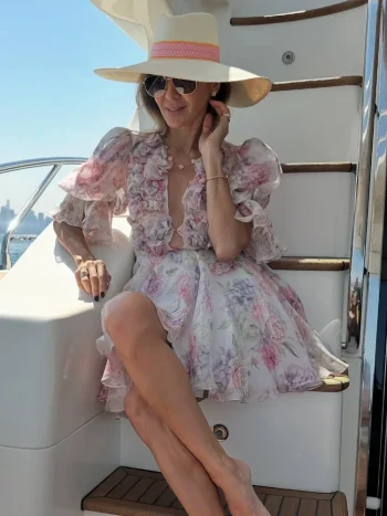 2025 Women Trendy Printed Party Dresses Elegant Flare Sleeve  V Neck Pleated High Waist Vestidos Fashion Lady Chic Evening Gowns - Image 2