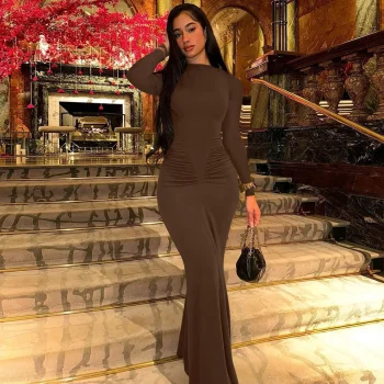 Sexy Wrap Buttocks Dresses Women O Neck Dress Long Sleeve Sheath Slim Fit Solid Spliced Pullover Folds Floor Length 2025 - Image 3