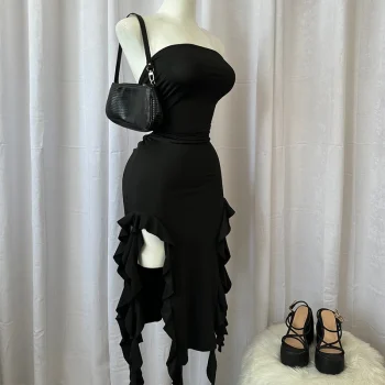 Women Strapless Sexy Floral Fold Hemline High Slit Mini Dress 2024 Solid Backless Sleeveless Black And Pink Party Dress Vestidos - Image 6