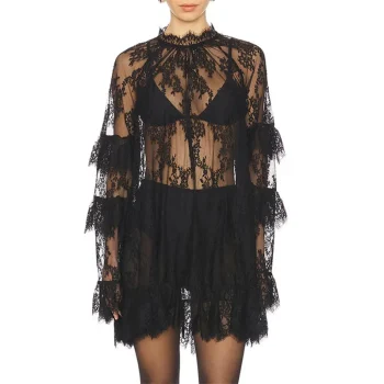 hirigin Women Lace Sheer Dress Sexy See Through Mesh Long Sleeve High Neck Floral Cover Up Cocktail Party Mini Dresses - Image 5