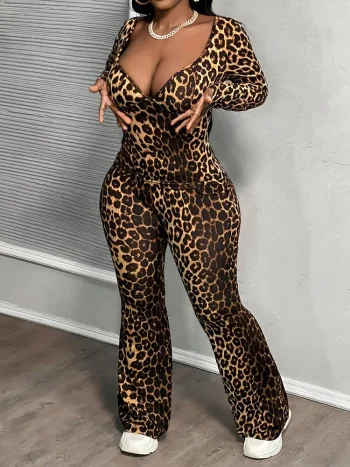 GIBSIE Plus Size Women's Clothing Set Leopard Print Deep V-Neck Long Sleeve Slim Top And Flared Pants Sexy Club 2 Piece Sets - Image 3