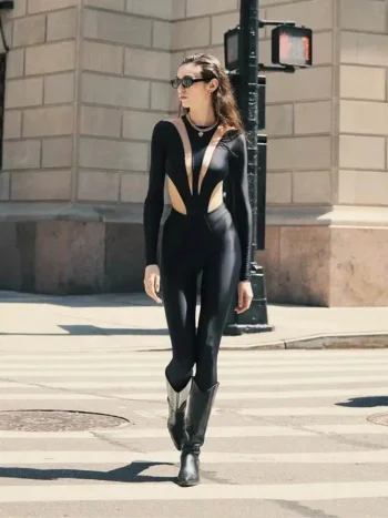 Fashion High Street Mesh Patchwork Jumpsuits Woman Rompers Casual Sexy O-Neck Long Sleeve Skinny Tops Jumpsuit Women Overalls - Image 4