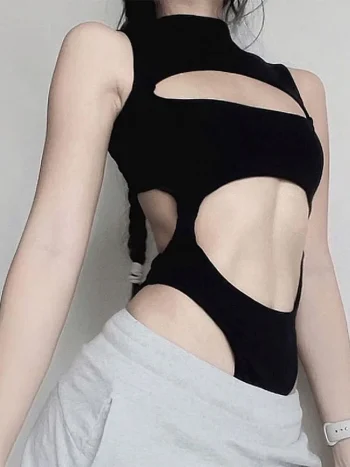 Gothic Techwear Sexy Hollow Out Sleeveless Tank Tops Bodysuit For Women Streetwear Style Backless Playsuit Vest For Women - Image 2