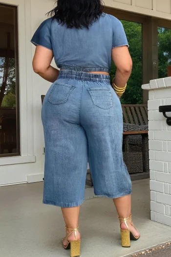 Plus Size Daily Blue Round Neck Short Sleeve Pocket Elegant Pull-On Waist Denim Two Piece Short Sets - Image 2