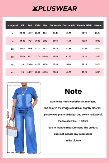 Plus Size Vacation Blue Casual Round Neck Short Sleeve Pocket Tencel Denim Two Piece Pant Sets - Image 3