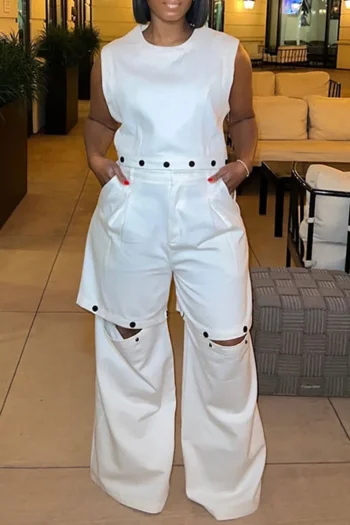 Plus Size Casual Pant Set White Round Neck Detachable Two Piece Pant Set With Pocket - Image 3