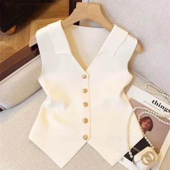 1pcs Vest French Temperament V-neck Single Breasted Sleeveless Slim Knitted Vest For Women - Image 3