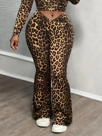 GIBSIE Plus Size Women's Clothing Set Leopard Print Deep V-Neck Long Sleeve Slim Top And Flared Pants Sexy Club 2 Piece Sets - Image 5