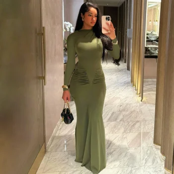 Sexy Wrap Buttocks Dresses Women O Neck Dress Long Sleeve Sheath Slim Fit Solid Spliced Pullover Folds Floor Length 2025 - Image 2